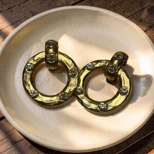 Vintage Gold Tone with Rhinestone Accents Clip On Hoop Earrings